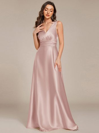Double V-neck Satin Maxi Formal Dress with Pockets - Mauve