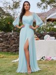 High-Slit Waist Pleated Off Shoulder Chiffon Bridesmaid Dress with Long Sleeves - Sky Blue