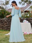 High-Slit Waist Pleated Off Shoulder Chiffon Bridesmaid Dress with Long Sleeves – Sky Blue