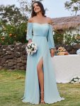High-Slit Waist Pleated Off Shoulder Chiffon Bridesmaid Dress with Long Sleeves – Sky Blue