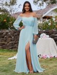 High-Slit Waist Pleated Off Shoulder Chiffon Bridesmaid Dress with Long Sleeves – Sky Blue
