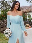 High-Slit Waist Pleated Off Shoulder Chiffon Bridesmaid Dress with Long Sleeves – Sky Blue