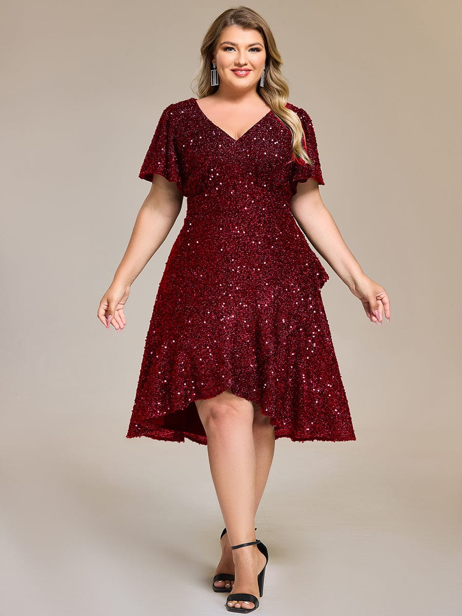 Plus Size Sequin Ruffle Sleeve Formal Dress - Burgundy Plus Size Sequin Ruffle Sleeve Formal Dress - Burgundy