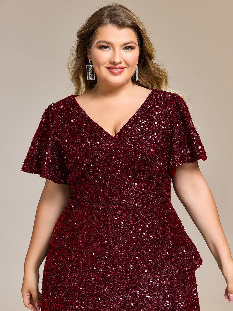Plus Size Sequin Ruffle Sleeve Formal Dress - Burgundy Plus Size Sequin Ruffle Sleeve Formal Dress - Burgundy