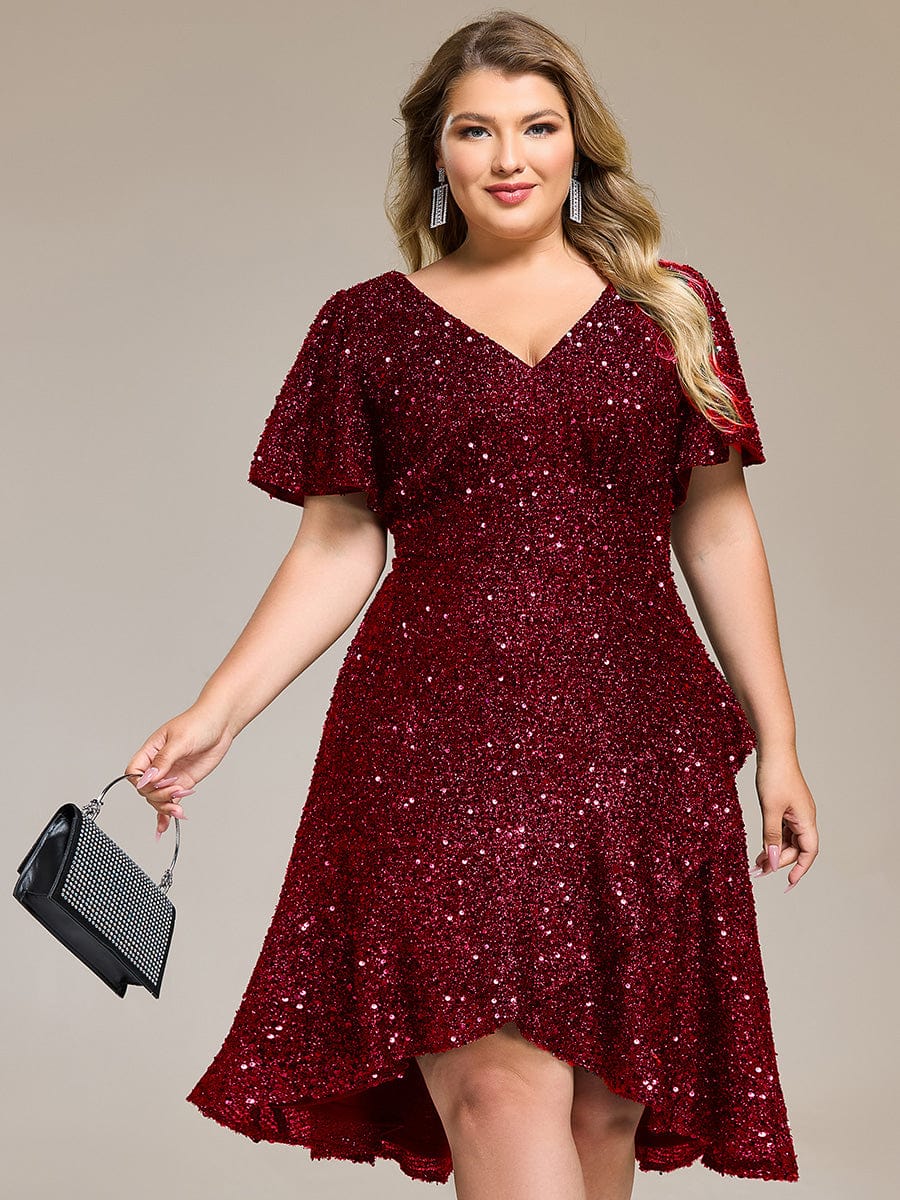 Plus Size Sequin Ruffle Sleeve Formal Dress - Burgundy Plus Size Sequin Ruffle Sleeve Formal Dress - Burgundy