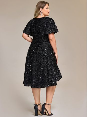 Plus Size Sequin Ruffle Sleeve Formal Dress - Black