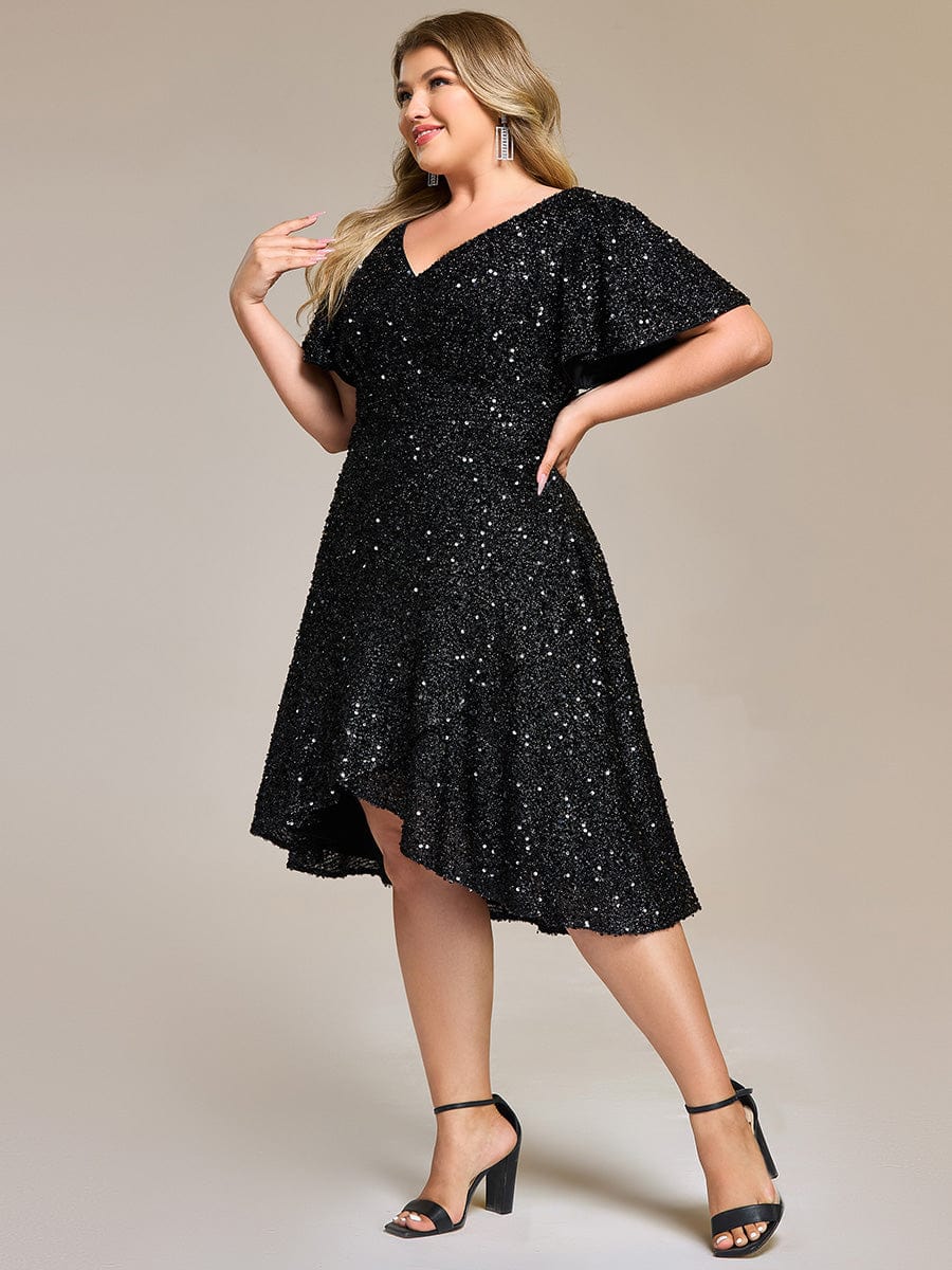 Plus Size Sequin Ruffle Sleeve Formal Dress - Black Plus Size Sequin Ruffle Sleeve Formal Dress - Black
