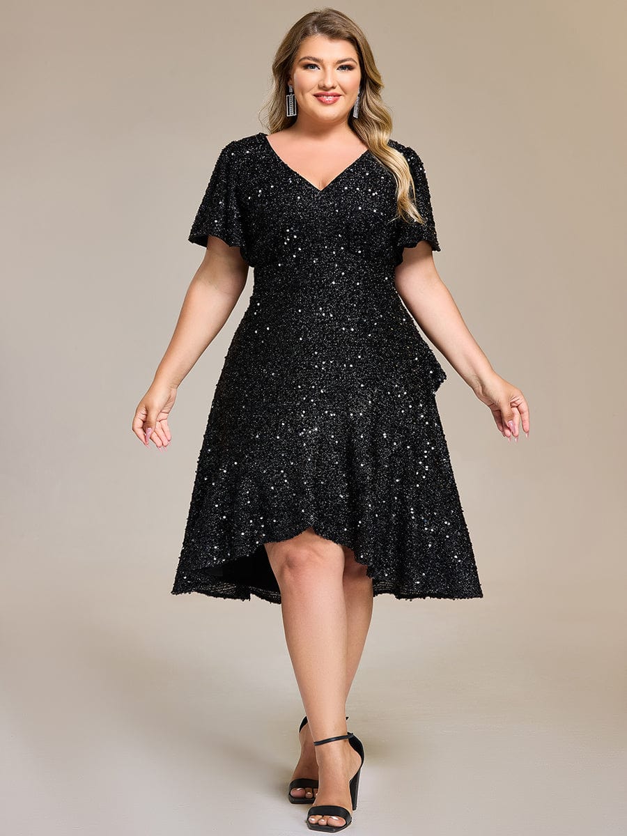 Plus Size Sequin Ruffle Sleeve Formal Dress - Black Plus Size Sequin Ruffle Sleeve Formal Dress - Black