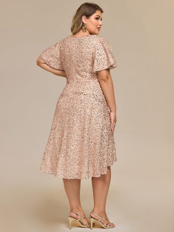 Plus Size Sequin Ruffle Sleeve Formal Dress - Champagne