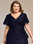 Plus Size Sequin Ruffle Sleeve Formal Dress – Navy Blue