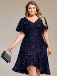 Plus Size Sequin Ruffle Sleeve Formal Dress - Navy Blue