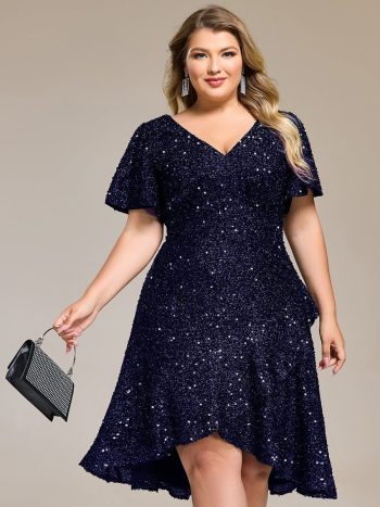 Plus Size Sequin Ruffle Sleeve Formal Dress - Navy Blue