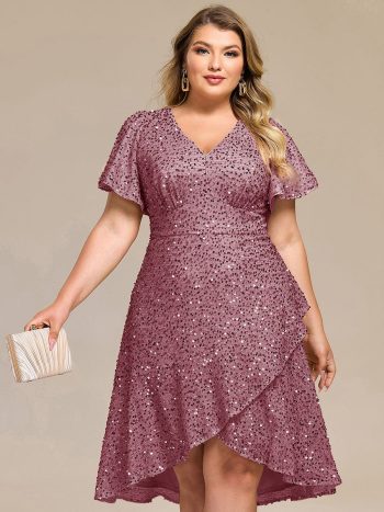 Plus Size Sequin Ruffle Sleeve Formal Dress - Purple Orchid