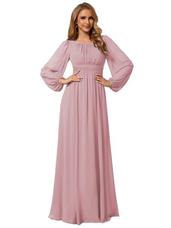 Chiffon Long Sleeve A-Line Round Neckline Formal Dress - Dusty Rose