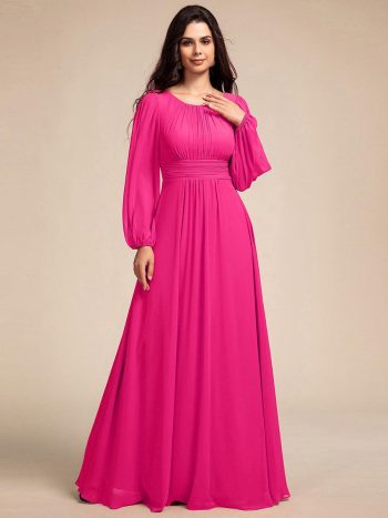 Chiffon Long Sleeve A-Line Round Neckline Formal Dress - Hot Pink
