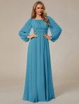 Chiffon Long Sleeve A-Line Round Neckline Formal Dress - Jade Blue