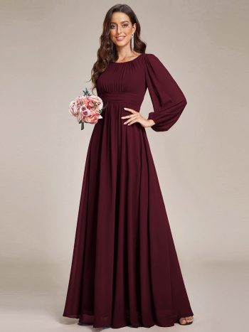 Chiffon Long Sleeve A-Line Round Neckline Formal Dress - Mulberry