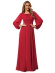 Chiffon Long Sleeve A-Line Round Neckline Formal Dress - Red
