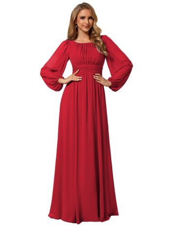 Chiffon Long Sleeve A-Line Round Neckline Formal Dress - Red