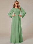 Chiffon Long Sleeve A-Line Round Neckline Formal Dress - Sage Green