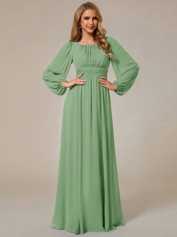 Chiffon Long Sleeve A-Line Round Neckline Formal Dress - Sage Green