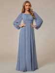 Chiffon Long Sleeve A-Line Round Neckline Formal Dress - Slate Blue