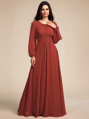 Chiffon Long Sleeve A-Line Round Neckline Formal Dress - Vermilion