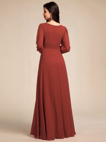 Chiffon Long Sleeve A-Line Round Neckline Formal Dress - Vermilion