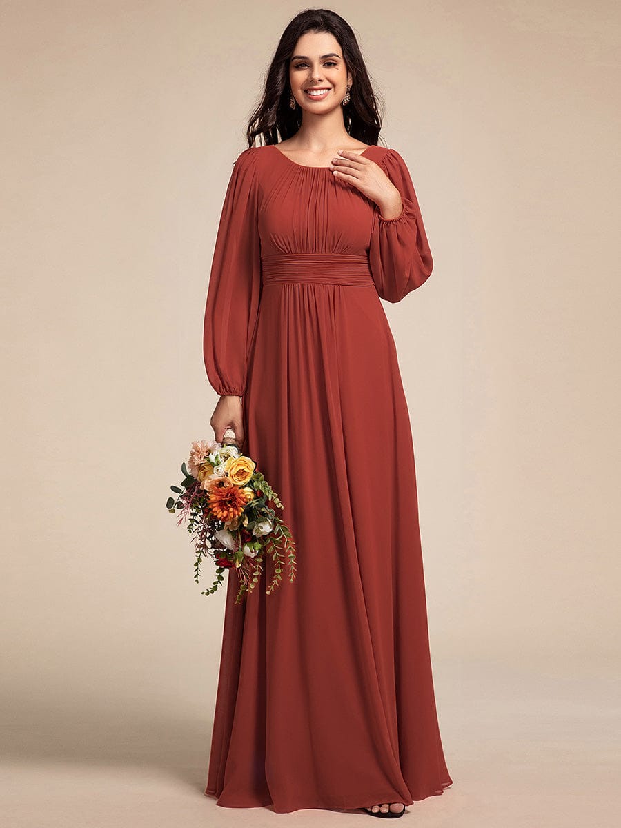 Chiffon Long Sleeve A-Line Round Neckline Formal Dress - Vermilion Chiffon Long Sleeve A-Line Round Neckline Formal Dress - Vermilion