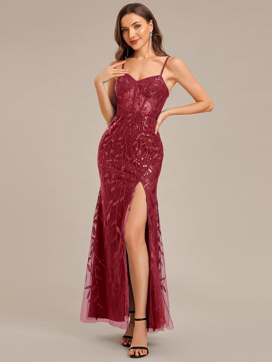 Slit Sequin Mermaid Formal Dress - Burgundy Slit Sequin Mermaid Formal Dress - Burgundy
