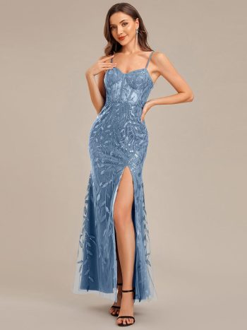 Slit Sequin Mermaid Formal Dress - Dusty Blue
