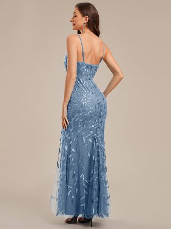 Slit Sequin Mermaid Formal Dress - Dusty Blue