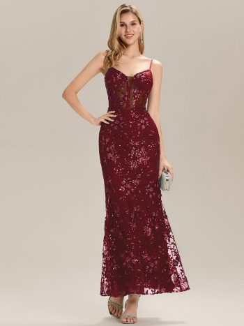 See-through Sequin Mermaid Formal Evening Dress - Burgundy