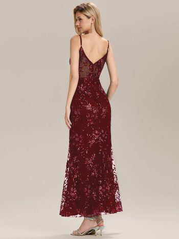 See-through Sequin Mermaid Formal Evening Dress - Burgundy