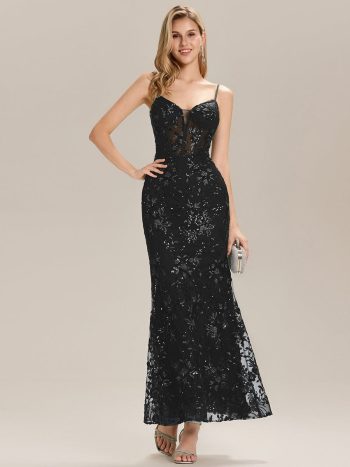 See-through Sequin Mermaid Formal Evening Dress - Black