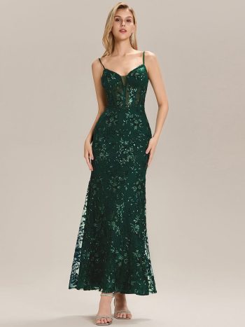 See-through Sequin Mermaid Formal Evening Dress - Dark Green