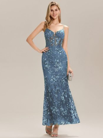 See-through Sequin Mermaid Formal Evening Dress - Dusty Blue