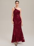 One Shoulder Mesh Floral Applique Evening Dress - Burgundy