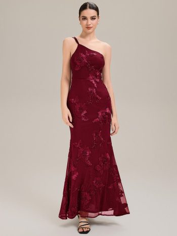 One Shoulder Mesh Floral Applique Evening Dress - Burgundy