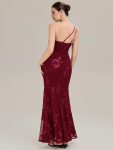 One Shoulder Mesh Floral Applique Evening Dress – Burgundy