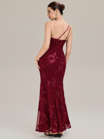 One Shoulder Mesh Floral Applique Evening Dress - Burgundy