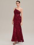 One Shoulder Mesh Floral Applique Evening Dress – Burgundy