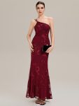 One Shoulder Mesh Floral Applique Evening Dress – Burgundy