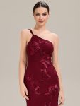 One Shoulder Mesh Floral Applique Evening Dress – Burgundy