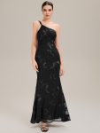 One Shoulder Mesh Floral Applique Evening Dress - Black