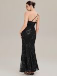 One Shoulder Mesh Floral Applique Evening Dress – Black