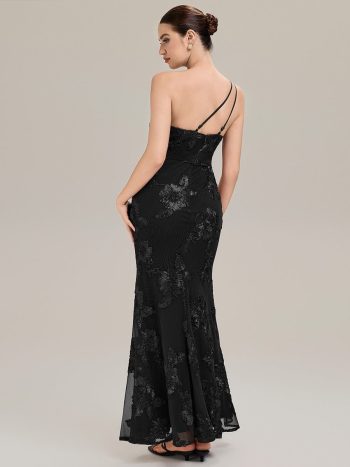 One Shoulder Mesh Floral Applique Evening Dress - Black