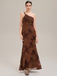 One Shoulder Mesh Floral Applique Evening Dress – Brown
