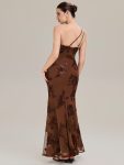 One Shoulder Mesh Floral Applique Evening Dress - Brown