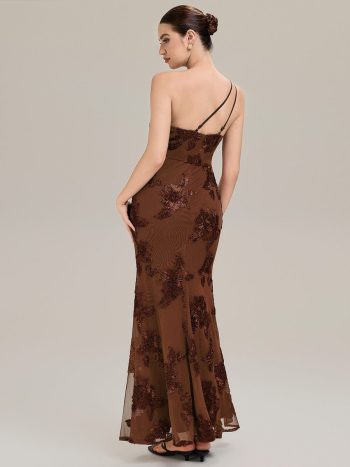 One Shoulder Mesh Floral Applique Evening Dress - Brown